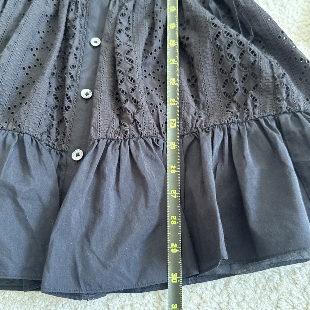 THAKOON Black Eyelet Lace Ruffle Hem Button Down Silk Cotton Mini Shirt Dress 0 - Picture 13 of 15